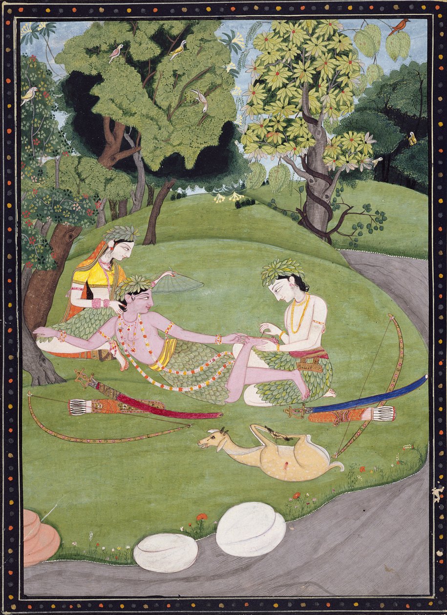 Rama lutar sig mot Sita, medan hans bror Laksman drar en tagg från sin fot, 1845 (gouache, bläck och guld på papper) av Indian School