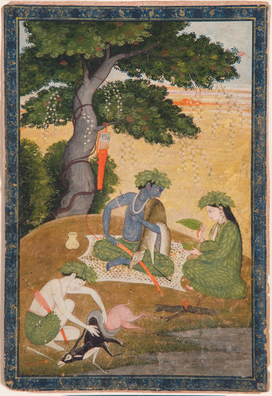 Rama, med Sita och Lakshmana i skogen, från Ramayana, ca 1790 (ogenomskinlig wc & guld på papper) av Indian School