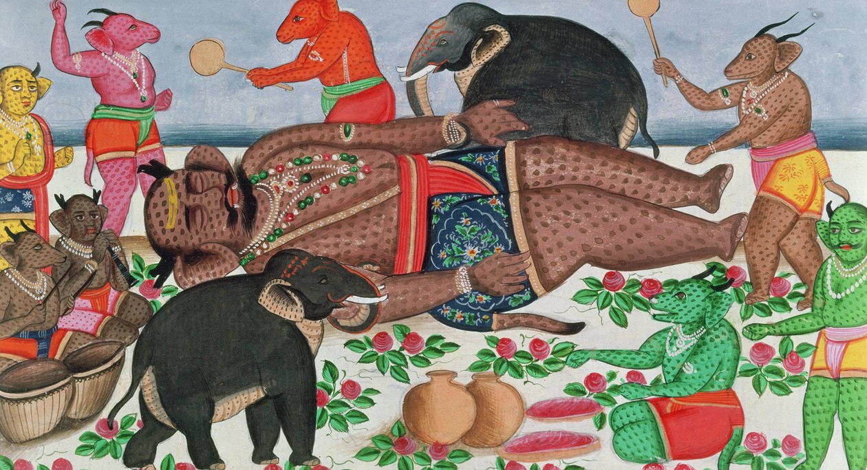 Ramayana-scen: en grupp demoner som väcker sin prins i viloläge (gouache & wc på papper) av Indian School