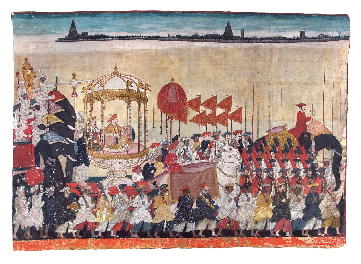 Rao Tuljaji i procession, ca 1775 (ogenomskinlig wc & guld på papper) av Indian School