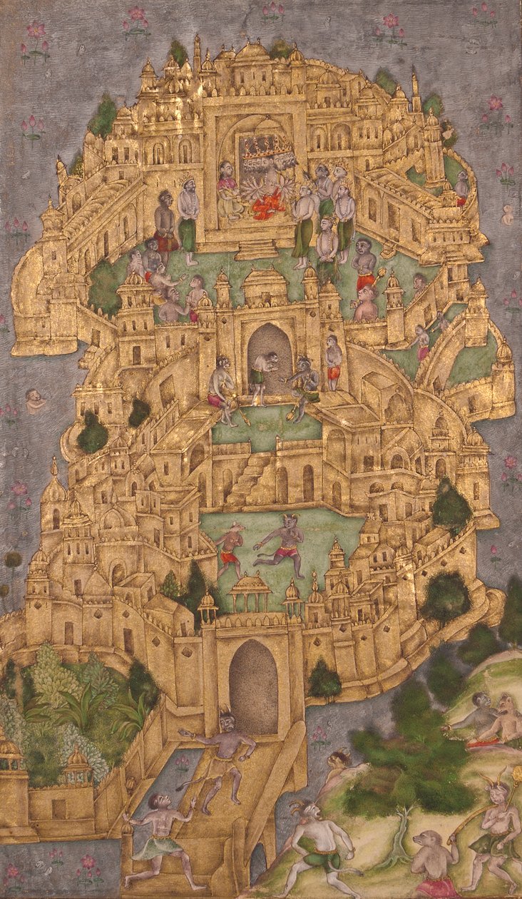 Ravanas gyllene citadell i Lanka, ca 1610 (ogenomskinlig wc & guld på papper) av Indian School