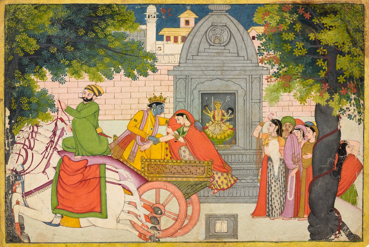 Rukmini rymmer med Krishna, folio från en Bhagavata Purana, ca 1780 av Indian School