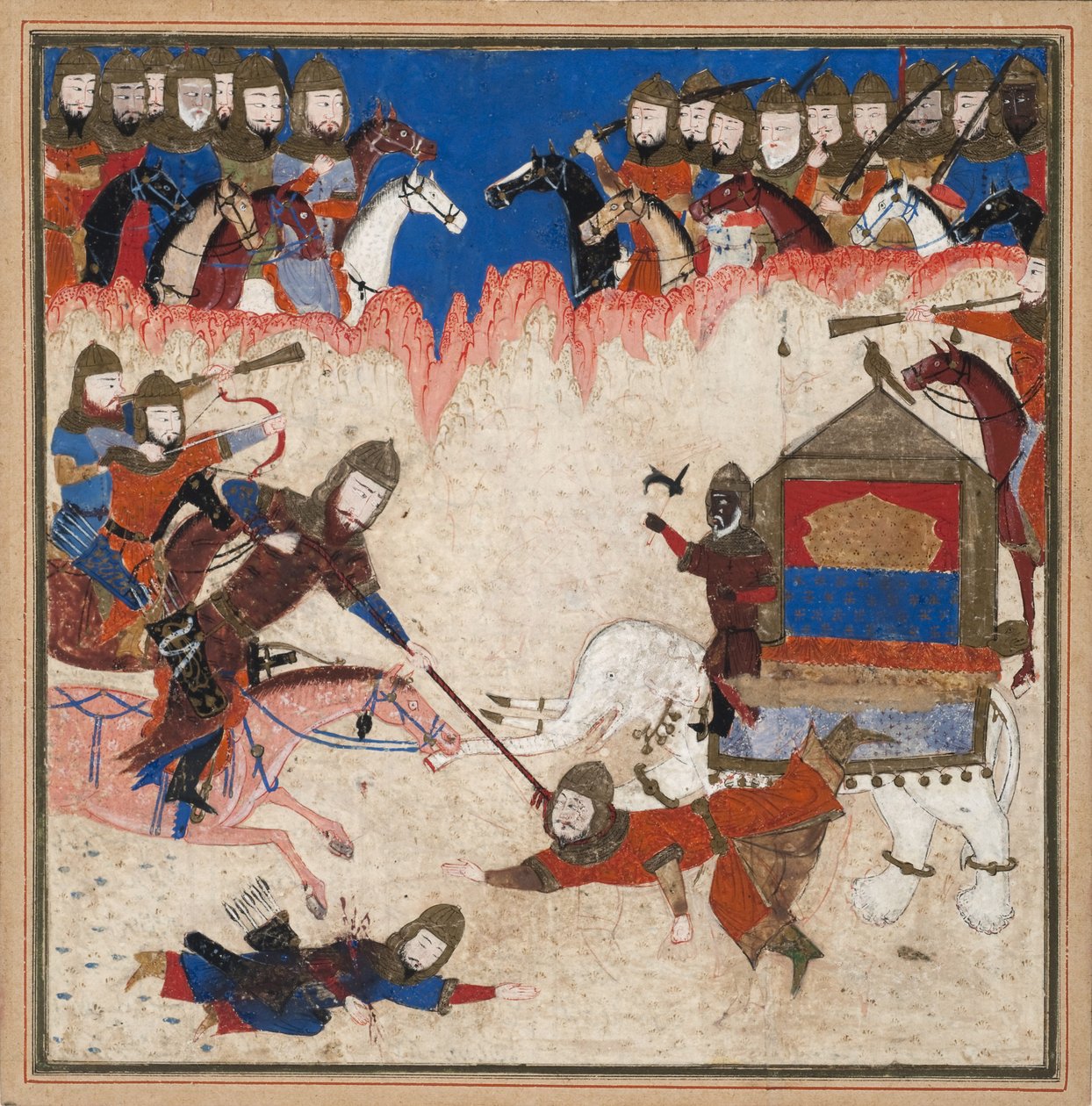 Rustam lassos Khaqan från Kina och drar honom från sin elefant, ca 1450 (ogenomskinlig wc & guld på papper) av Indian School