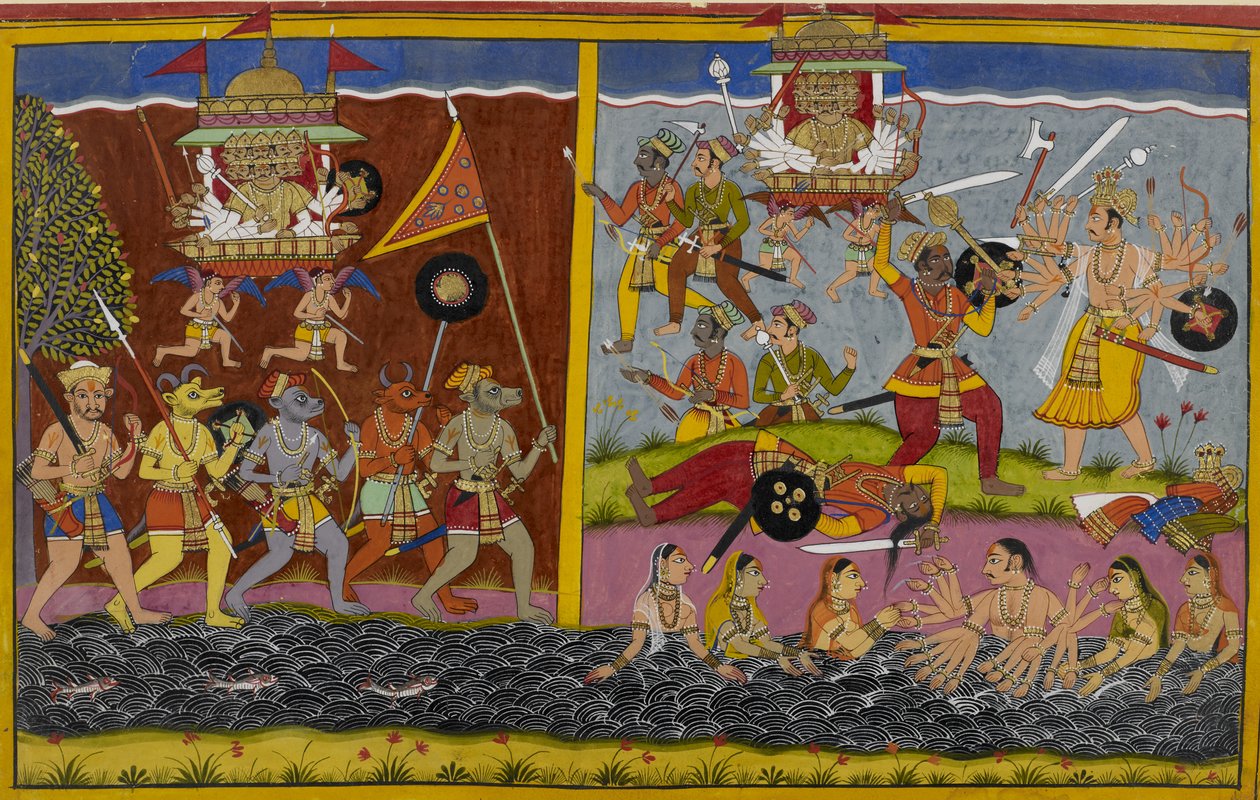 Rāvaṇa avancerar för att slåss mot Arjuna, som besegrar hans general Prahasta av Indian School