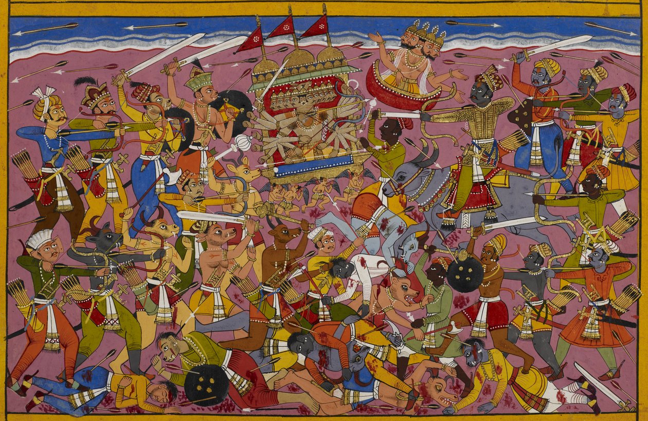 Rāvaṇa kämpar mot Yama, men Brahmā ingriper för att skydda honom av Indian School