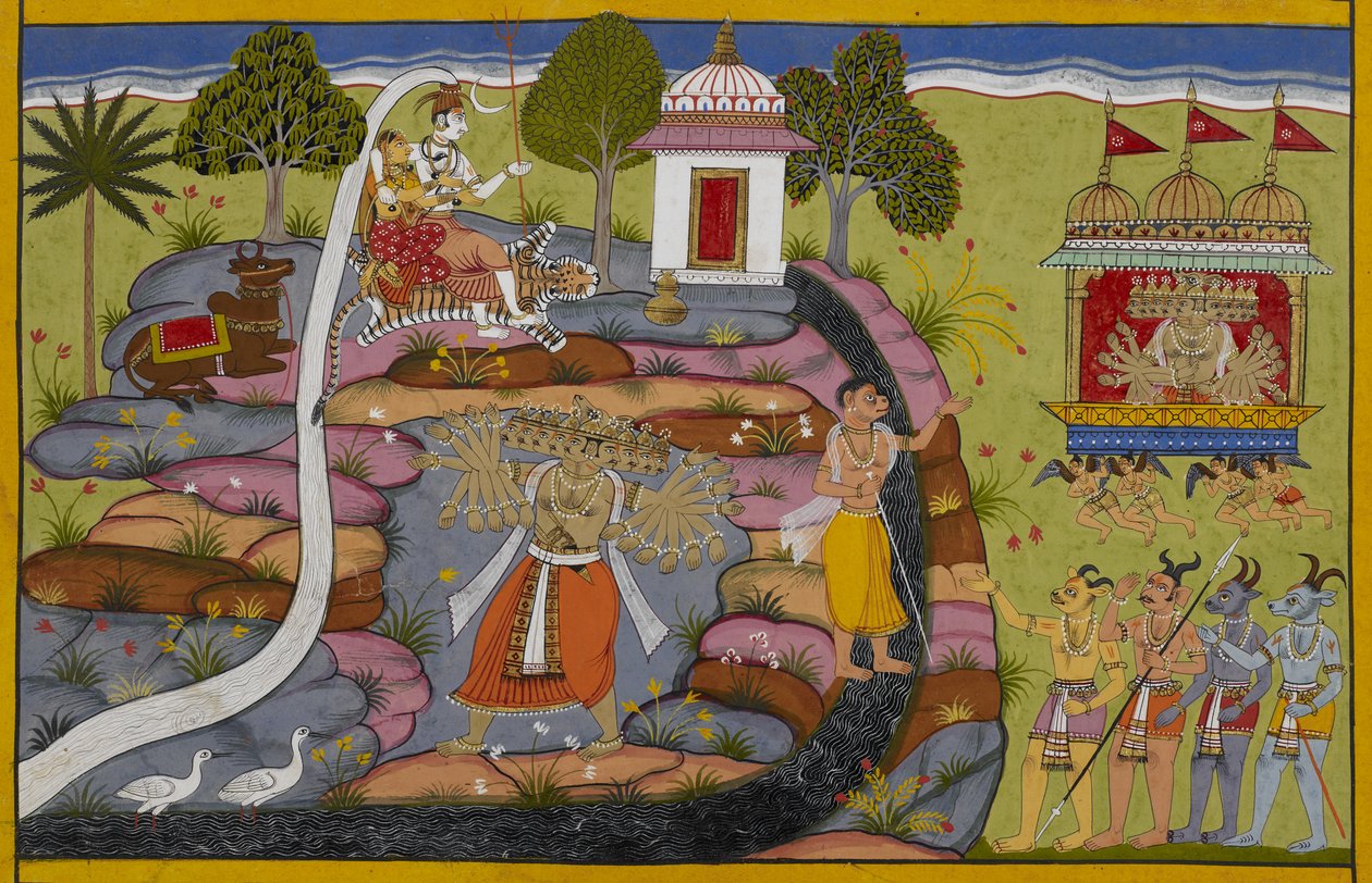 Rāvaṇa rider på Puṣpaka-vagnen, lyfter och skakar sedan berget Kailāsa för att utmana Śiva av Indian School