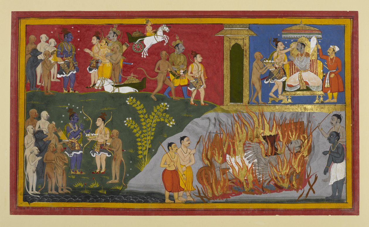Rāvaṇas begravningsritualer utförs; Vibhīṣaṇa kröns till kung av Lakṣmaṇa av Indian School