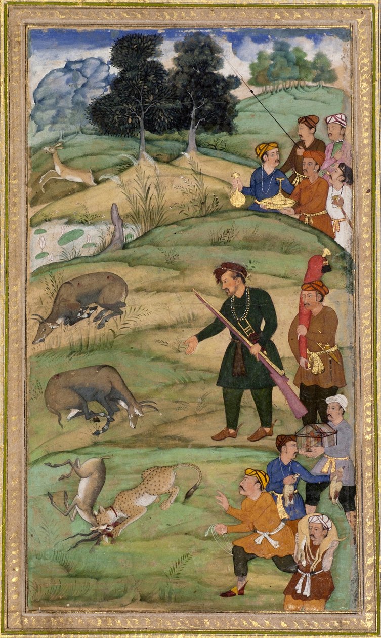 Salim håller sitt gevär och gör en gest mot en död nilgai, ca 1600 (ogenomskinlig wc & guld på papper) av Indian School