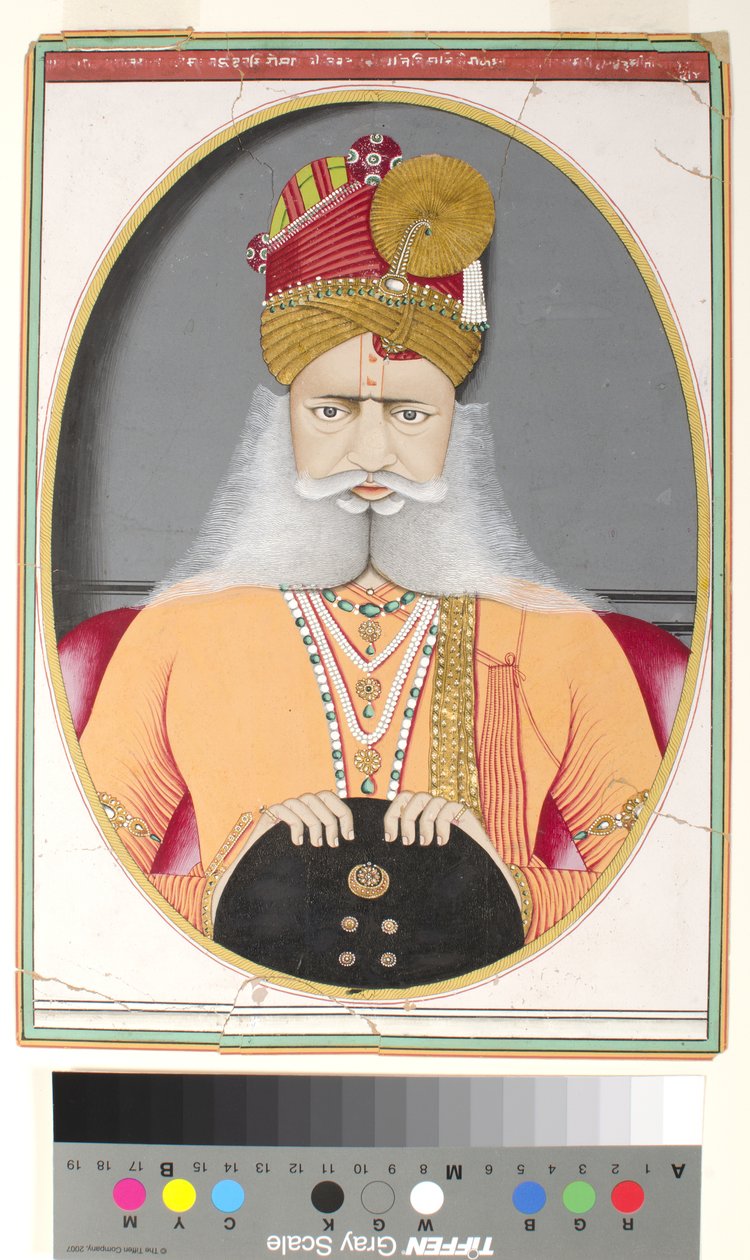 Sardar Singh, ca 1870 (ogenomskinlig akvarell & guld på papper) av Indian School