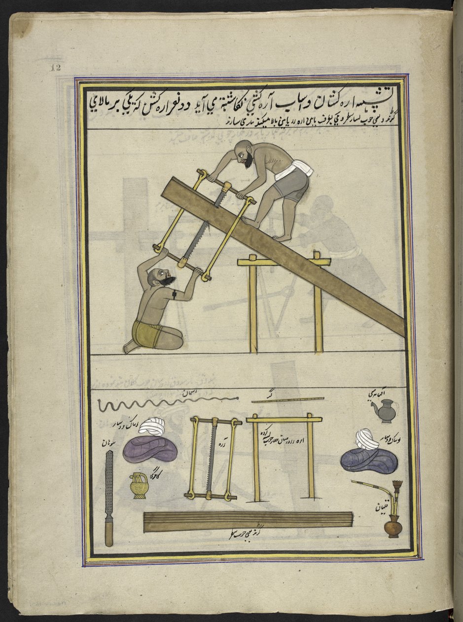 Sågar,  86 teckningar inbundna i en volym som visar yrken och yrken i Kashmir, hantverkare visas i arbete med sina redskap och utrustning,  Av en Kashmir-konstnär, troligen i Srinagar, ca 1850-60 (gouache på papper) av Indian School