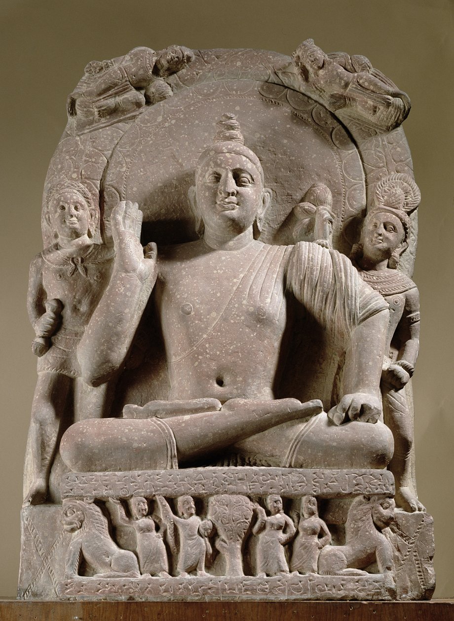 Sittande Bodhisattva, Mathura (röd sandsten) av Indian School