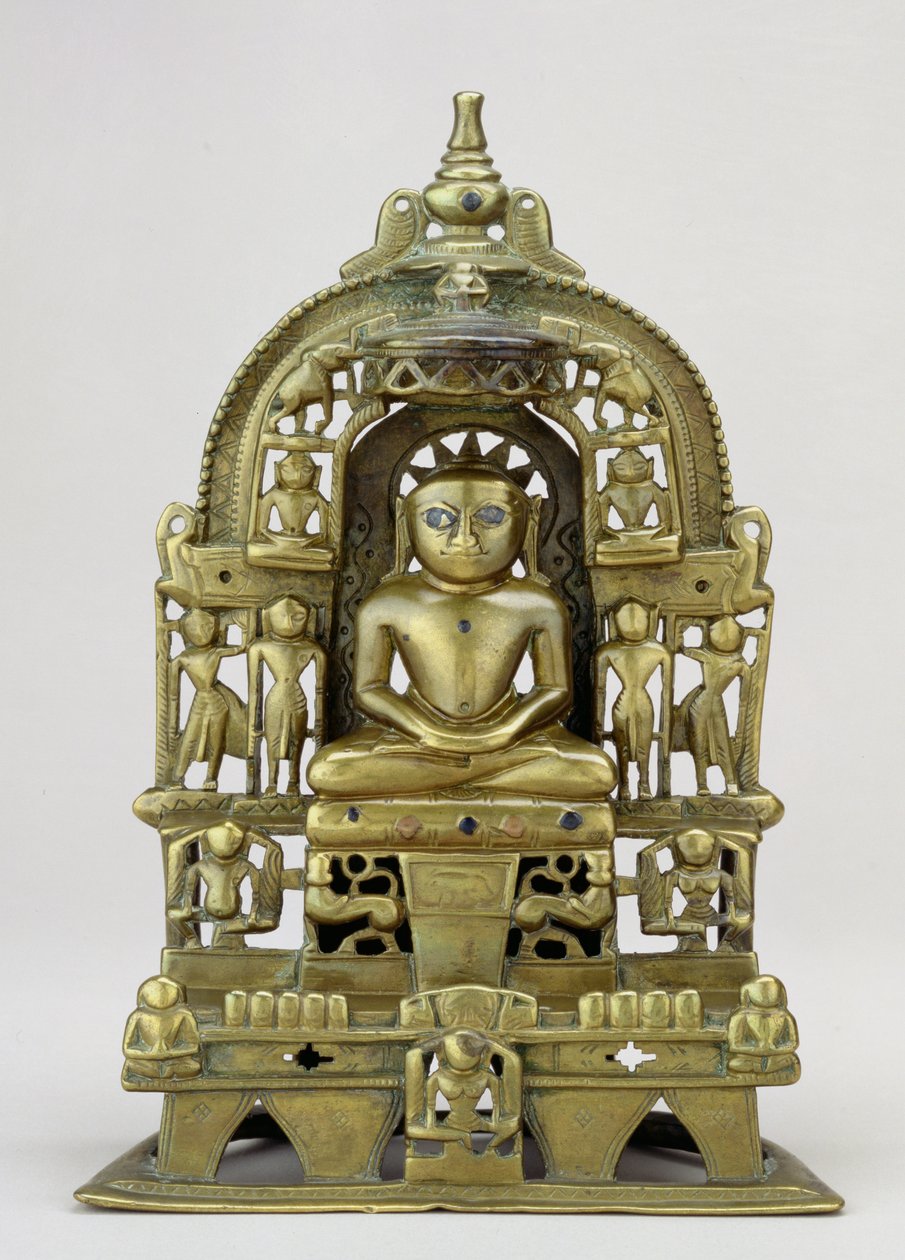 Sittande bild av Jain Tirthankara Kuntanatha, Vasantagarh, södra Rajasthan, 1476 (mässing med koppar- och silverinlägg) av Indian School