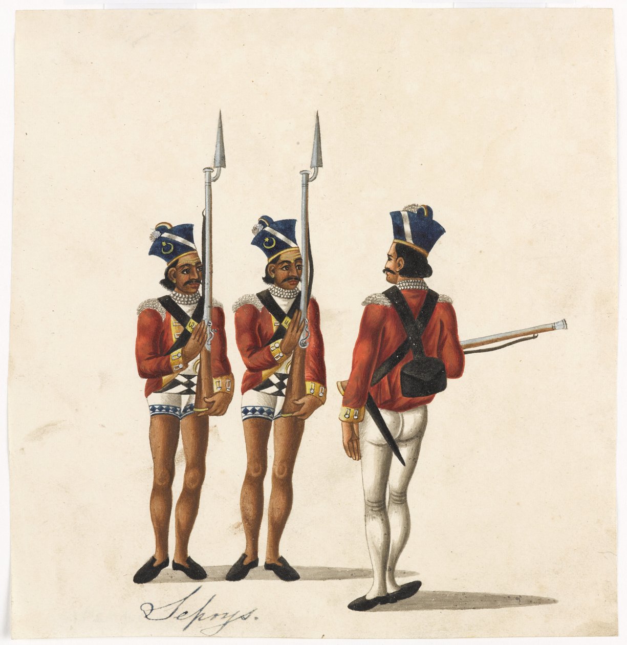 Sepoys och en indisk officer, Bengal Army, ca 1815 (akvarell på papper) av Indian School