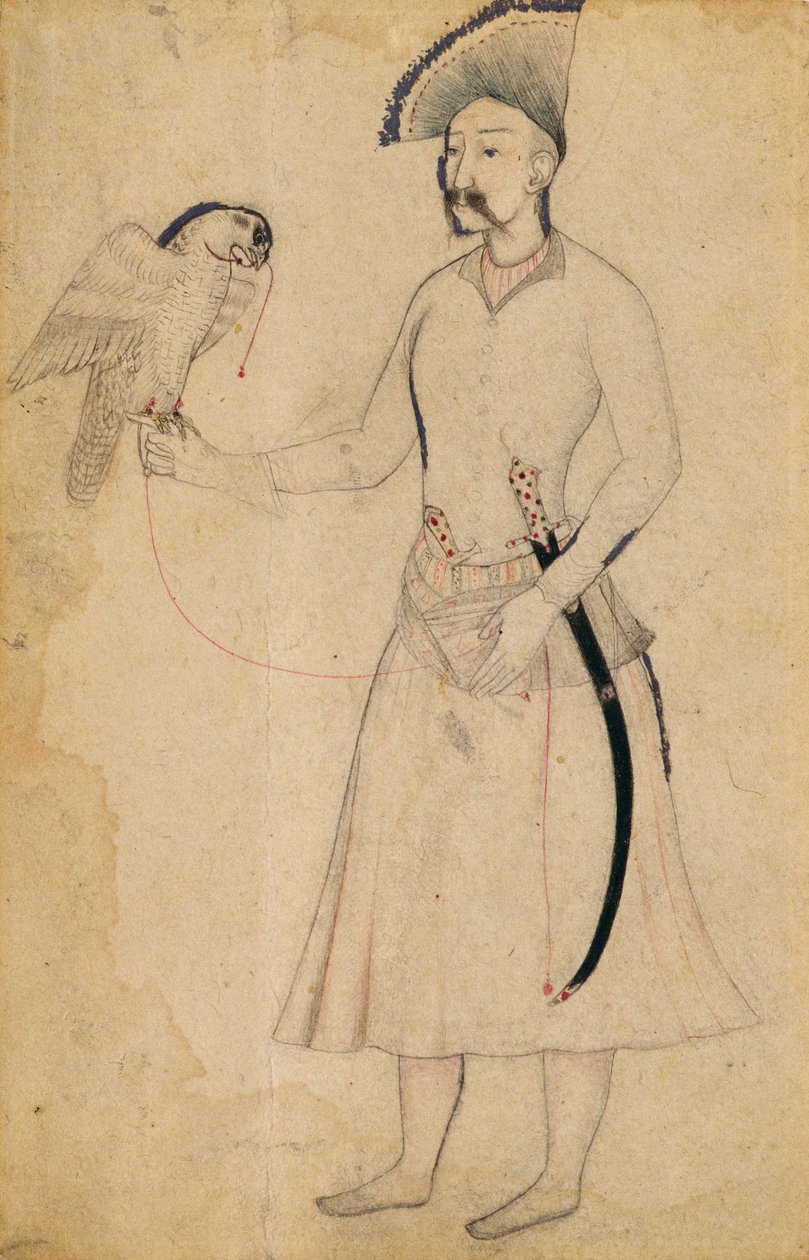 Shah Abbas I av Persien (1588-1629) håller en falk, efter ett original från tidigt 1600-tal, Mughal, tidigt 1800-tal (penselteckning på papper) av Indian School