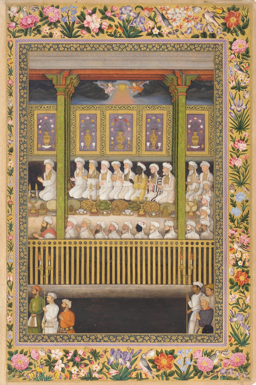 Shah Jahan hedrar den religiösa ortodoxin, sida från St. Petersburgs album, ca 1635 (ogenomskinlig akvarell och guld på papper) av Indian School