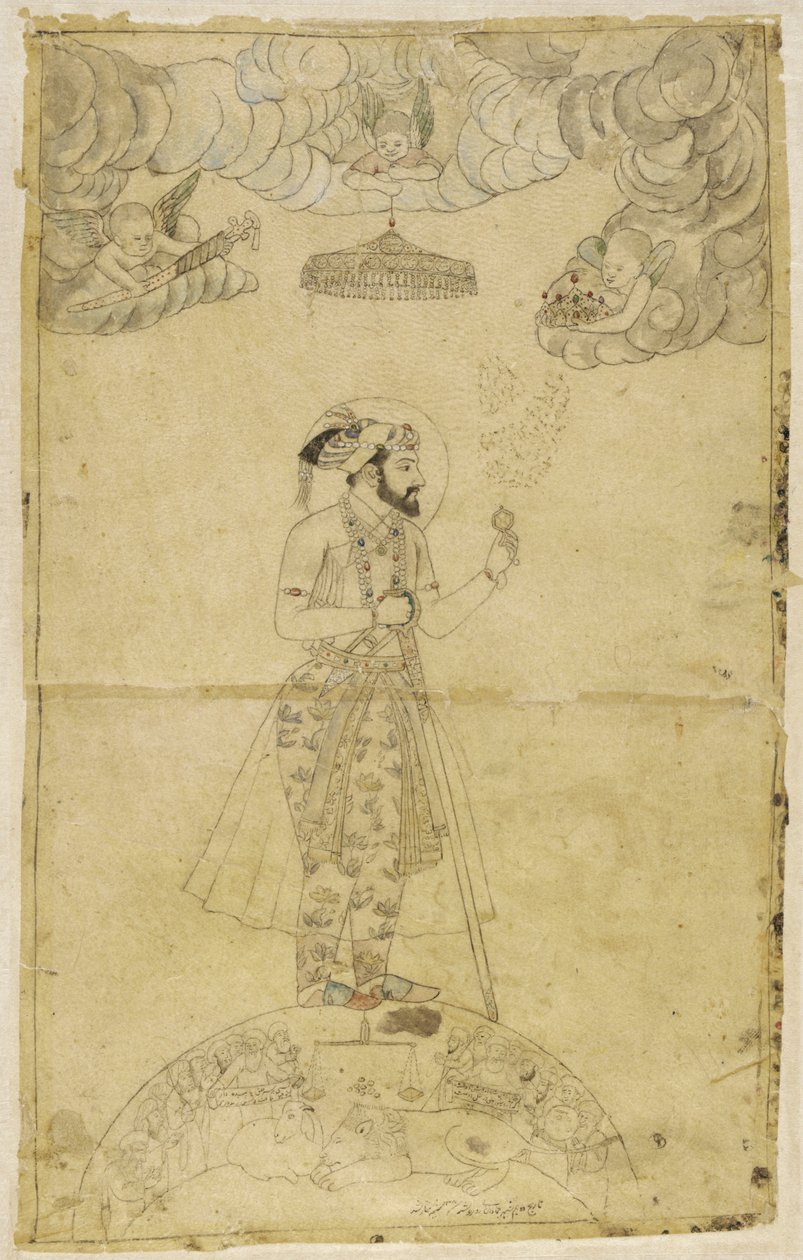 Shah Jahan står på en jordglob (guld & färg på papper) av Indian School