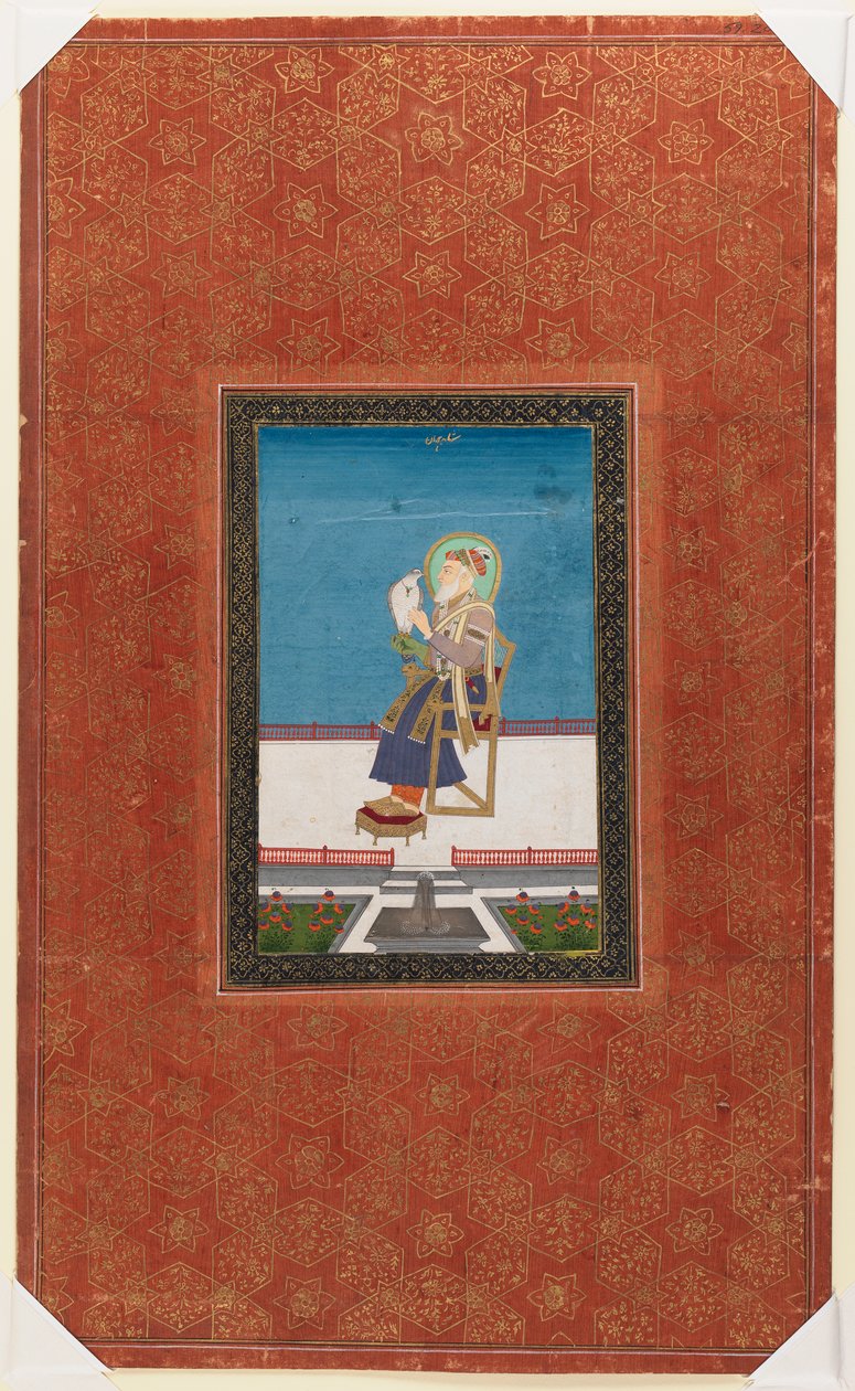 Shah Jahan med en falk, 1875-1900 (ogenomskinlig wc & guld på papper) av Indian School