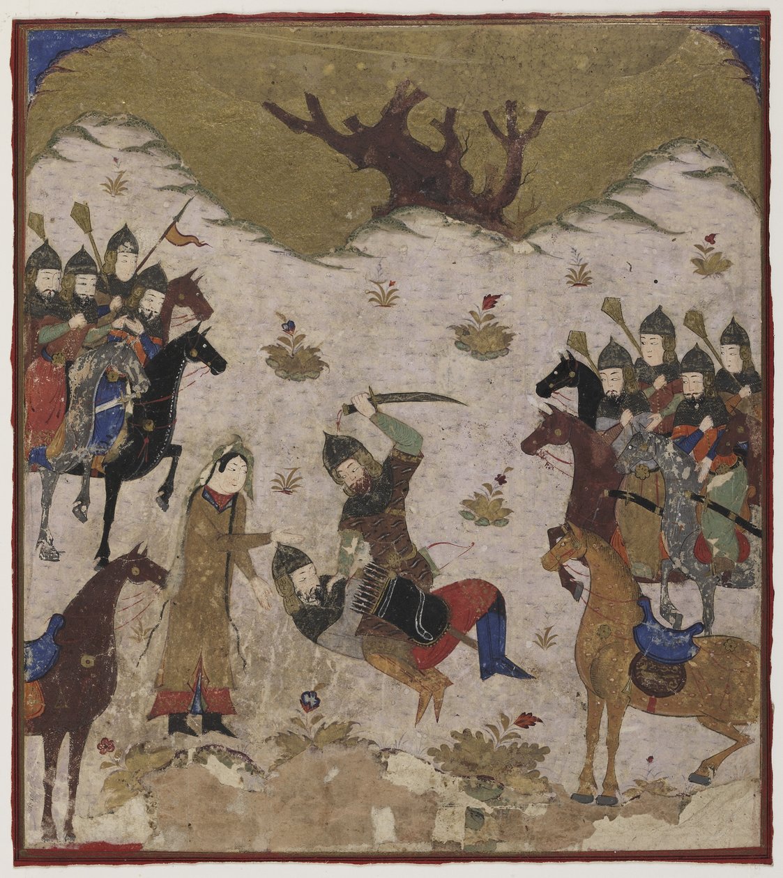 Shahru identifierar Burzu som Rustams barnbarn under den sista striden mellan Rustam och Burzu, ca 1425-50 (ogenomskinlig akvarell och guld på papper av Indian School