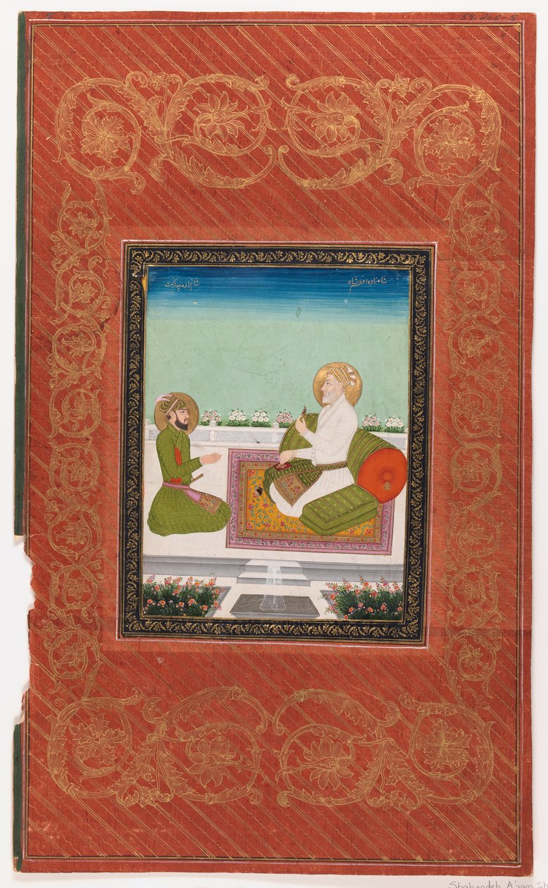 Shahzadeh Azam och Shahzadeh Bidarbakht, 1875-1900 (ogenomskinlig wc & guld på papper) av Indian School