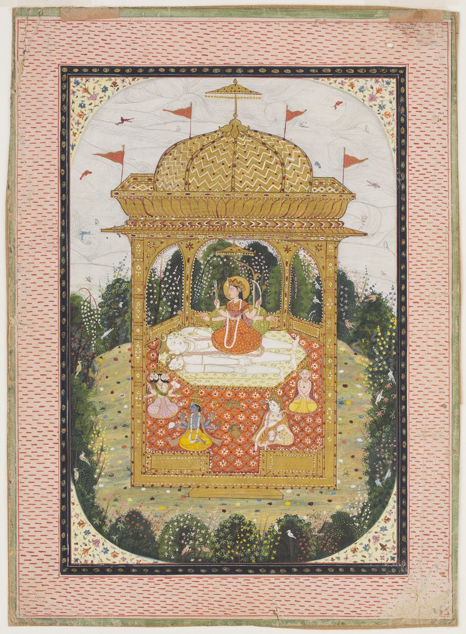 Shakti med Shiva och andra gudar i ett tempel, ca 1780 (gouache och förgylld på papper) av Indian School