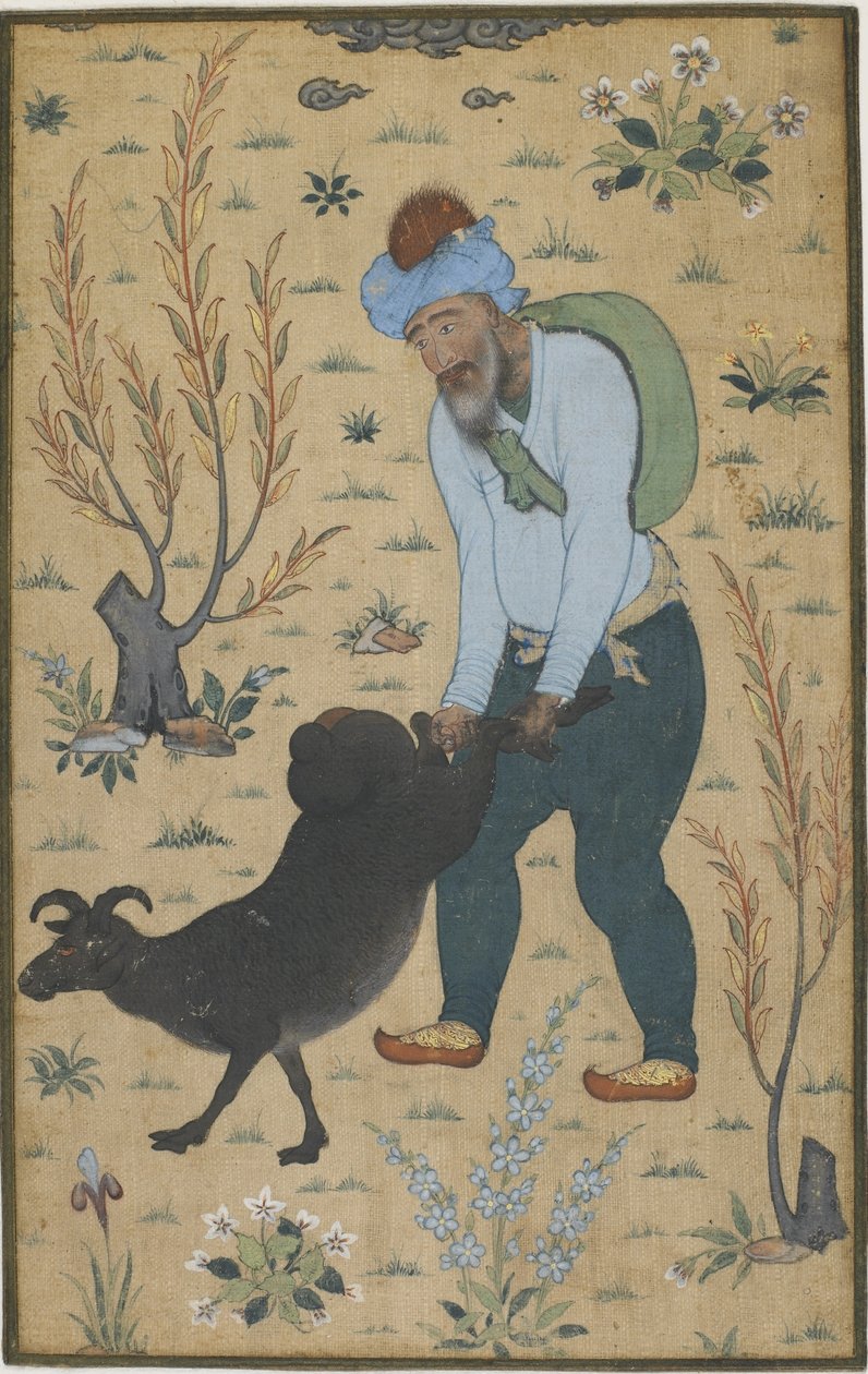 Herde och get, Mughal-dynastin (färg på bomull) av Indian School