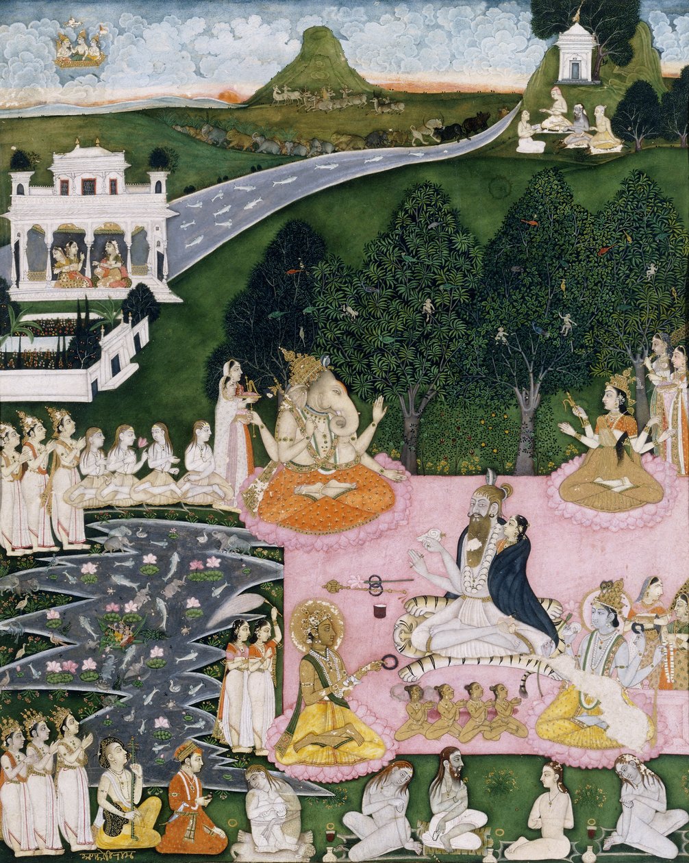 Shiva sitter på ett tigerskinn, håller Devi insvept i en mantel, ca 1760 av Indian School