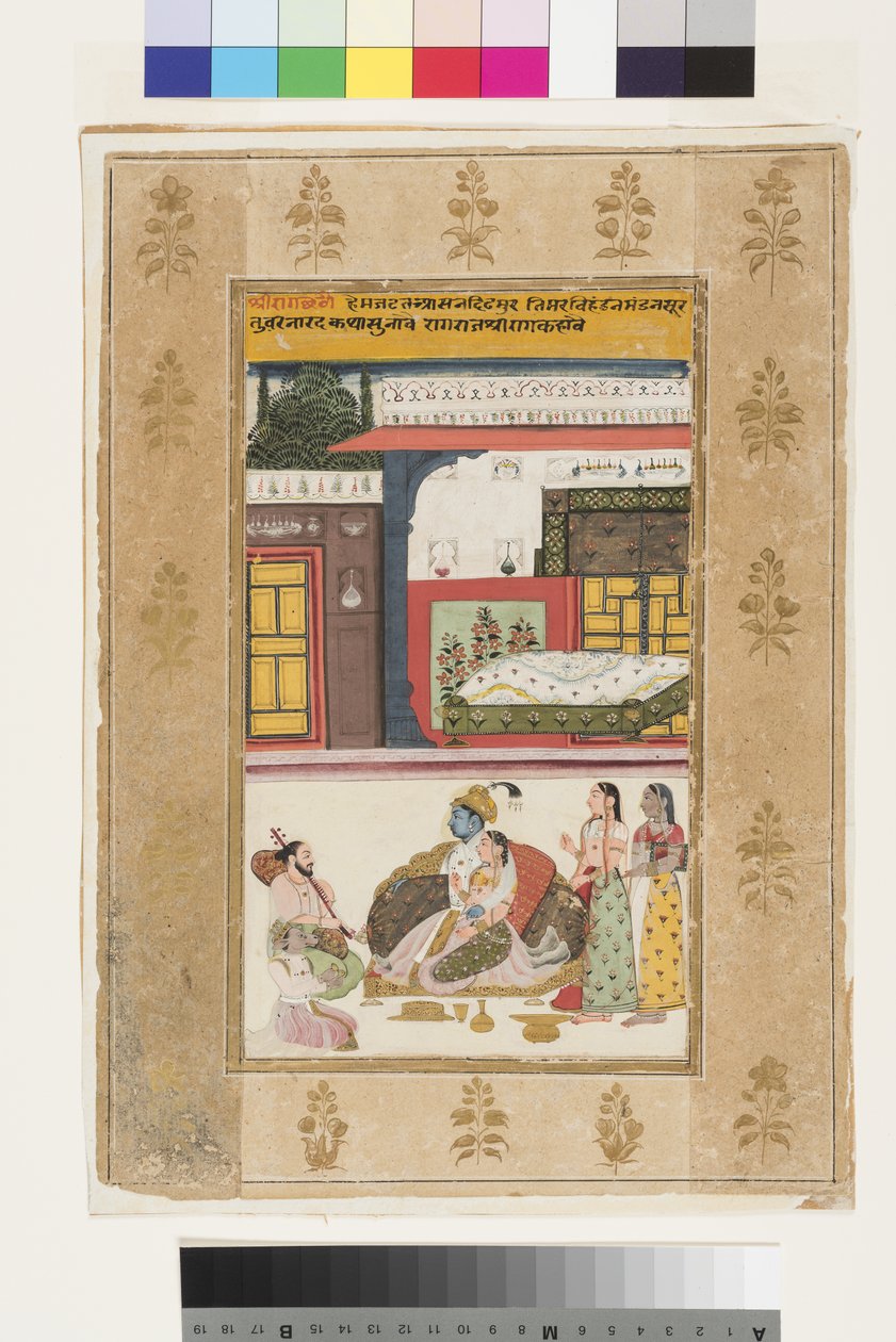 Shri Raga, 1680 (ogenomskinlig wc & guld på papper) av Indian School