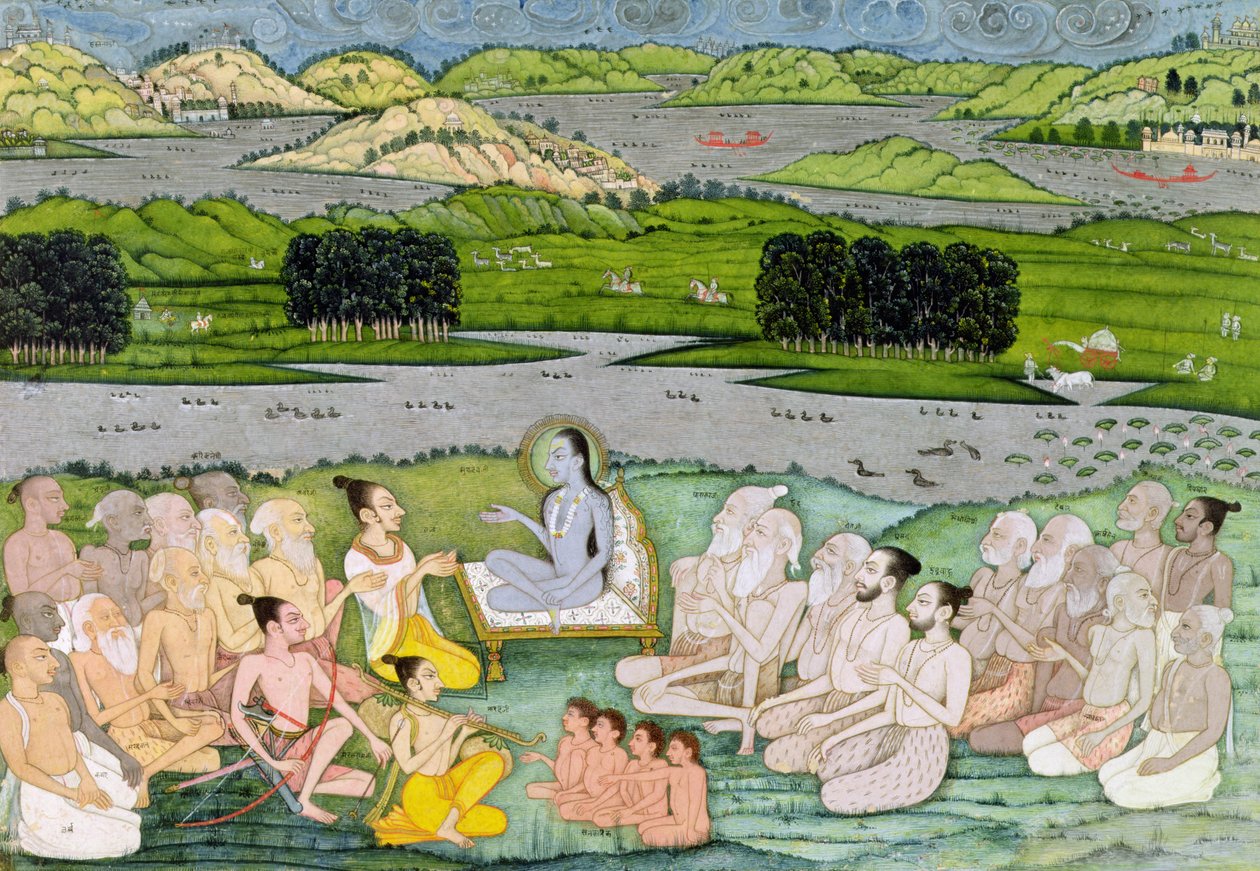 Shri Sukdevji predikar för en sammankomst av Sadhus, Rajasthan, ca 1757 av Indian School
