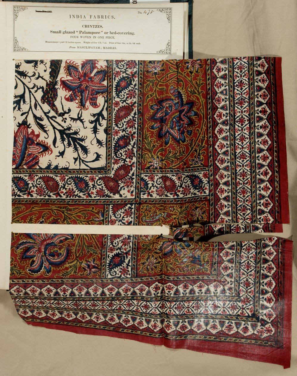 Litet glaserat palampore eller sängöverdragsprov från Masulipatam i Madras, från The Collection of the Textile Manufacturers of India, av John Forbes Watson, publicerad 1866 av Indian School