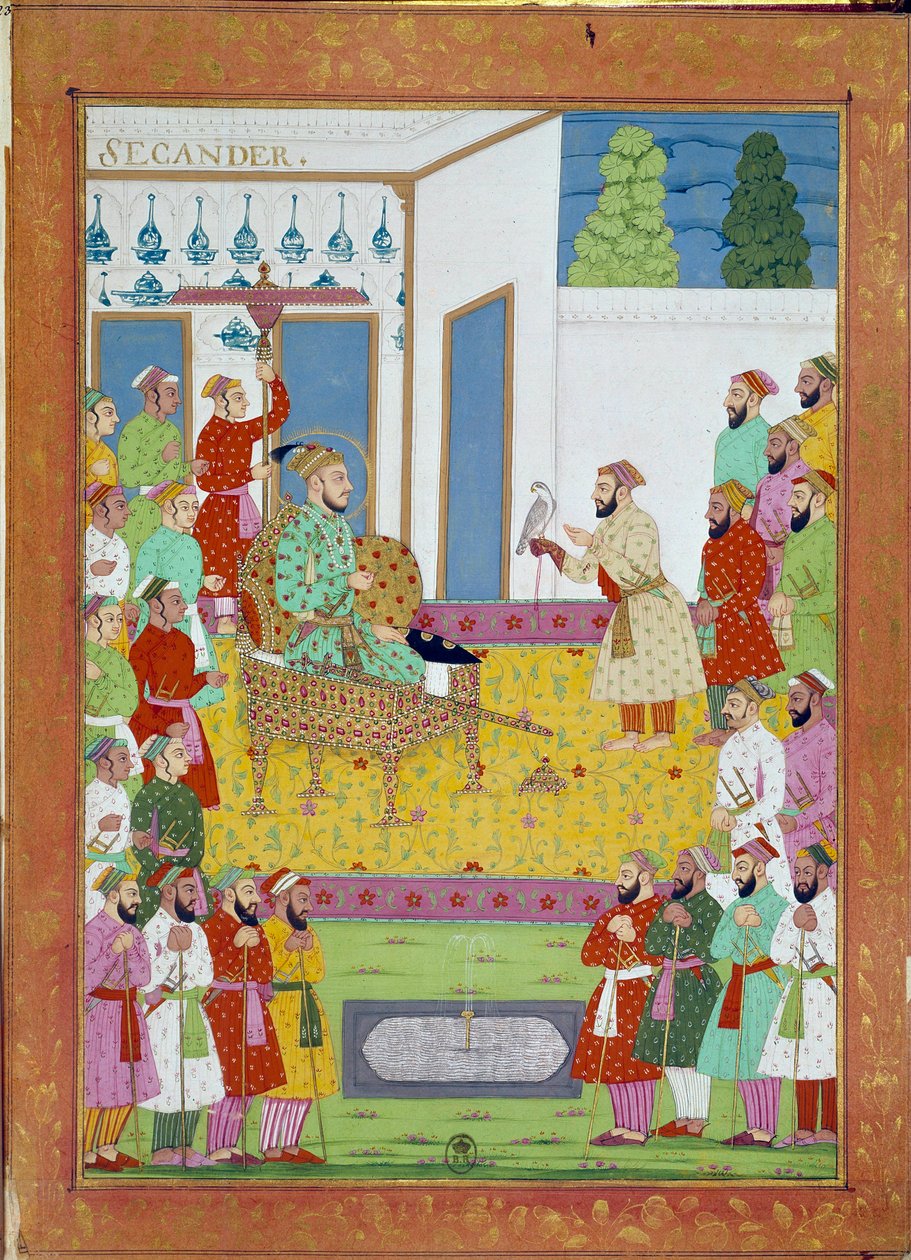 Sultan Iskander med Shah Alems hov. Miniatyr från en reseberättelse av Niccolo Manucci (1638 - 1717), venetiansk upptäcktsresande. Indien av Indian School