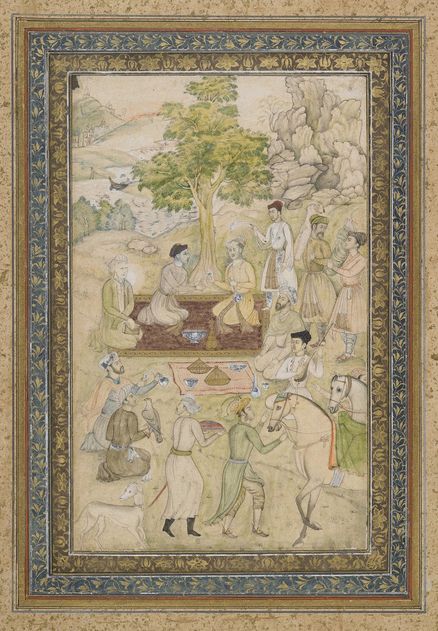 Sultan Murad och Sultan Daniyal på picknick, fristående albumfolio med målning, ca 1900 av Indian School