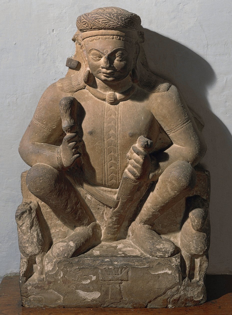 Surya, solens gud. Skulptur i röd sandsten av Indian School