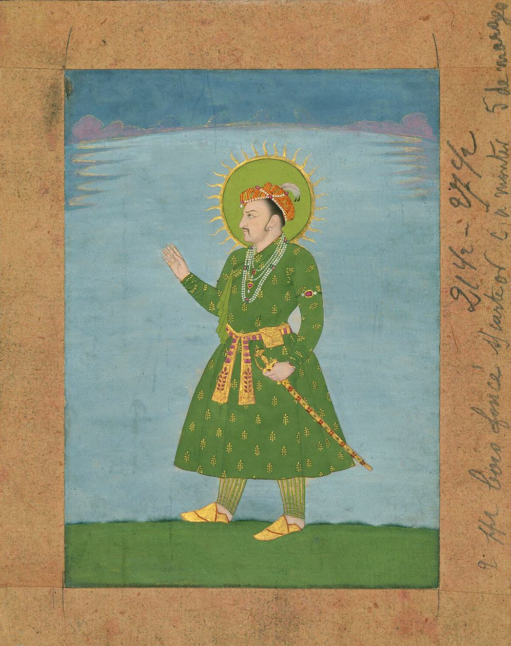 Den 4:e Mughal-kejsaren Jahangir (r. 1605-1627), ca. tidigt 1600-tals miniatyrmålning (bläck och pigment på brunt papper) av Indian School