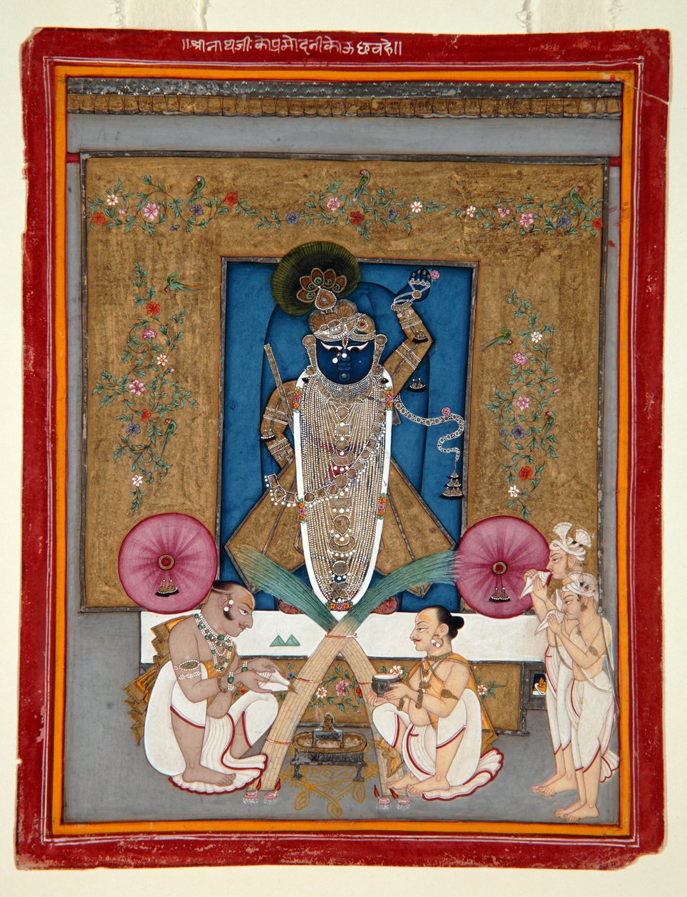 Tillbedjan av Krishna som Shrinath ji, 1800-25 (ogenomskinlig wc & guld på papper) av Indian School