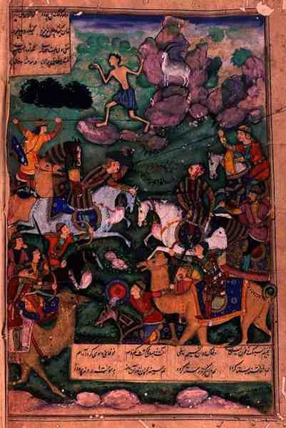 The Battle of Clans, folio 15b från dikten Layla och Majnun, skriven av Amir Khusrau Dihlavi (1253-1325) baserad på berättelsen från Khamsa (kvintetten) av Nizami, Mughal, 1600 av Indian School