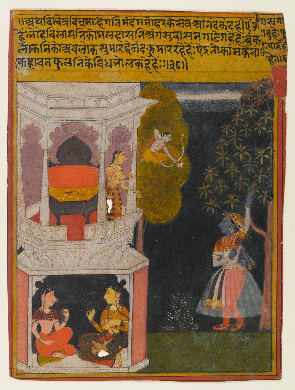 The Bewildered Nayika, sida från en Rasikapriya-serie, c.1660-1690 (ogenomskinlig wc & guld på papper) av Indian School