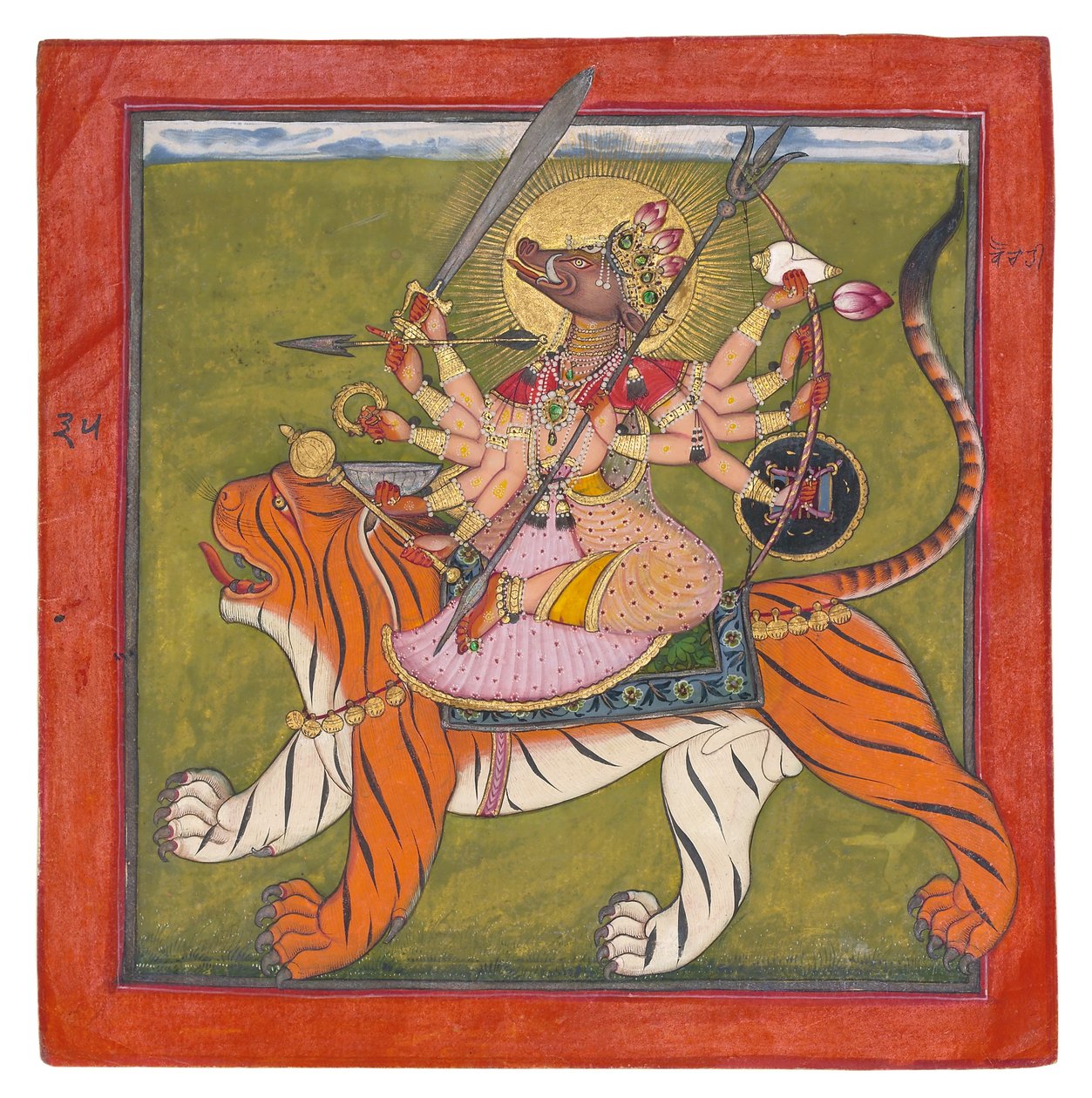 The Boar-faced Goddess, Varahi, ca 1660-70 (ogenomskinlig wc, guld, skalbaggar på papper) av Indian School