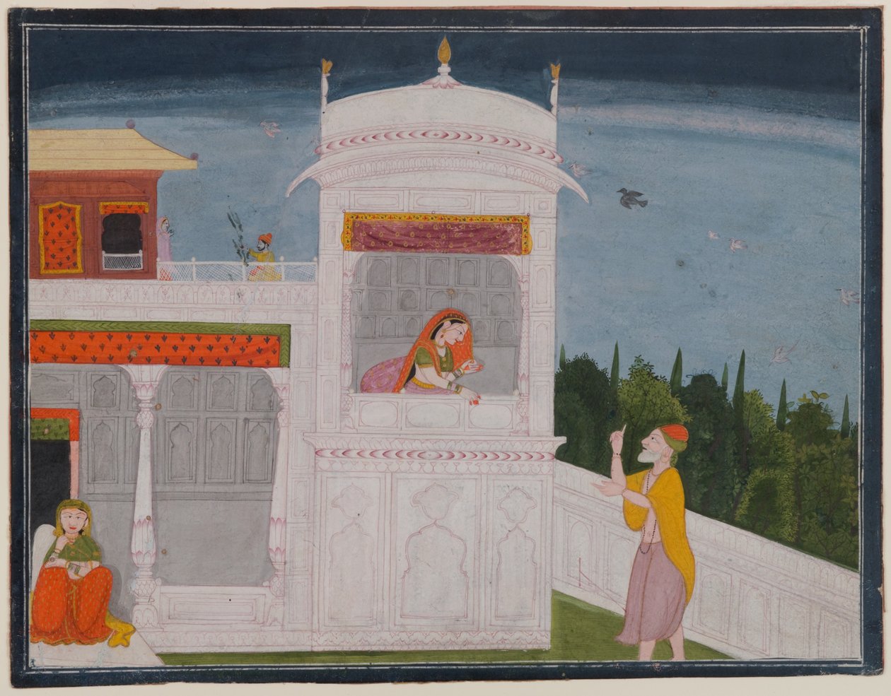 Brahminen Sudama och Rukmini i ett palats, sida från Sudama-avsnittet av Bhagavata Purana-serien, ca 1800 eller senare (wc på papper) av Indian School