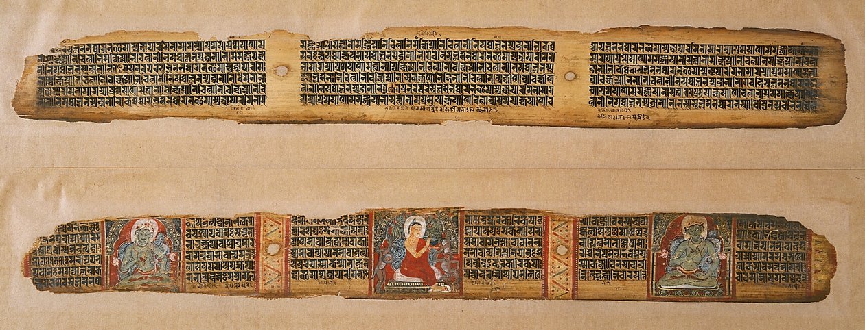 Buddha distribuerar honung, från ett Prajnaparamita-manuskript, Västbengalen (ogenomskinlig akvarell och bläck på palmblad) av Indian School