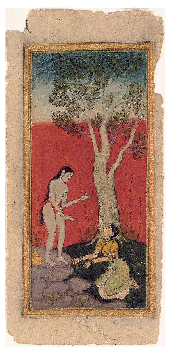 The Celestial Nymph Pleads with the Sage, c.1600 (ogenomskinlig wc & guld på papper) av Indian School