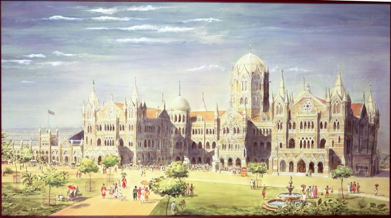 Chhatrapati Shivaji Terminus Station, Mumbai, Indien, 1900 (kroppsfärg på papper) av Indian School