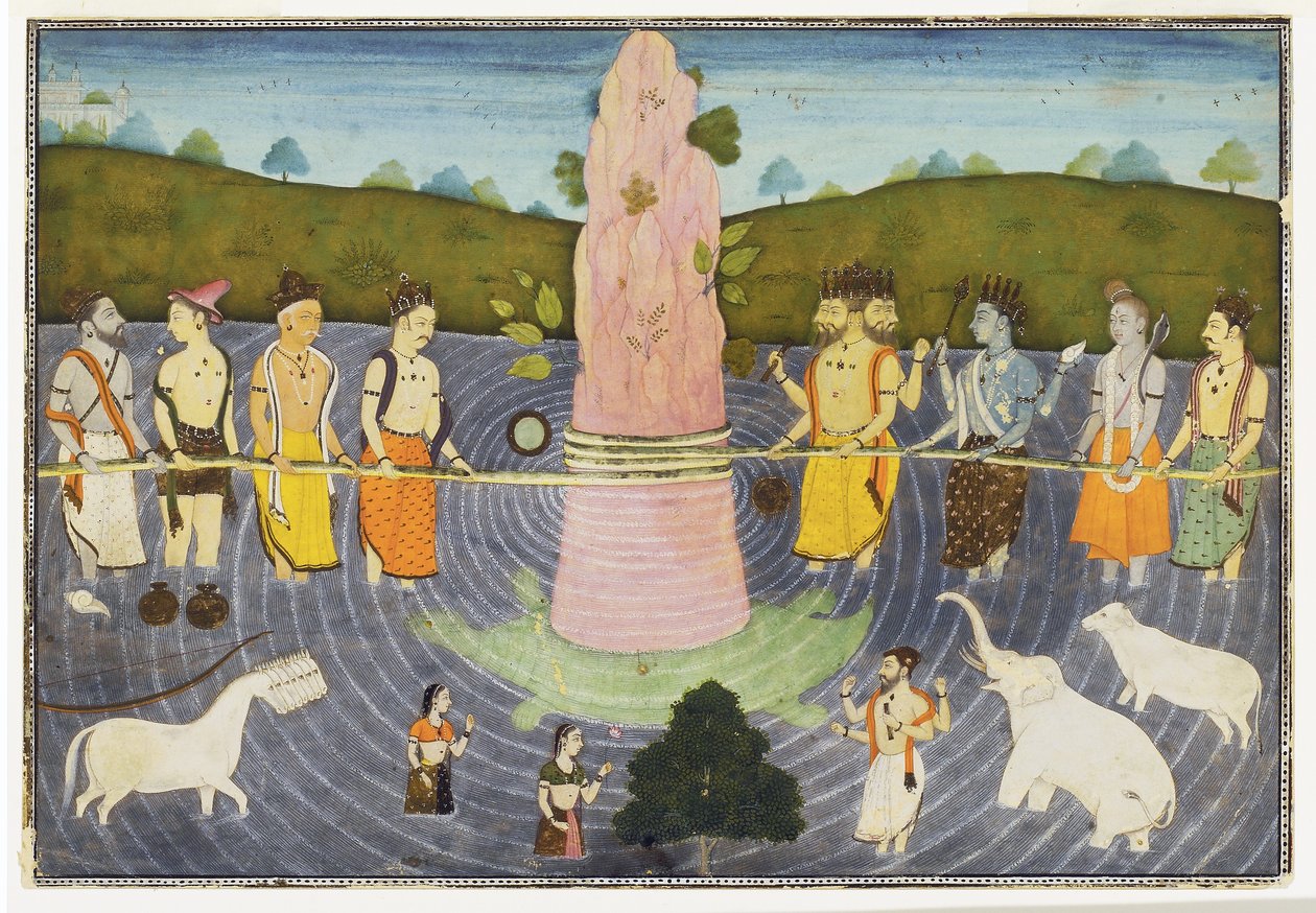 The Churning of the Ocean of Milk, c.1700 (ogenomskinlig wc & guld) av Indian School
