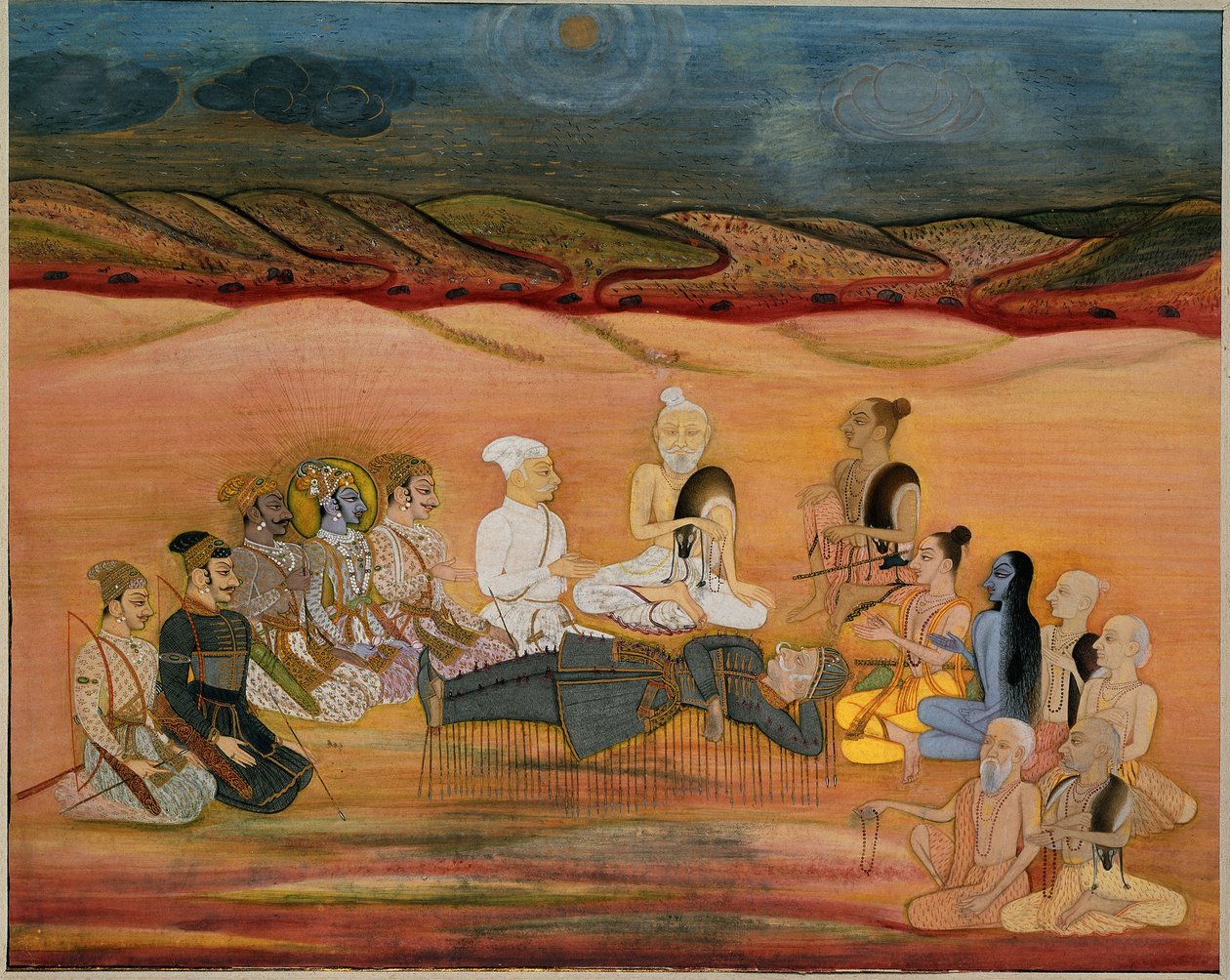 Bhishmas död, dödligt sårad av Arjunas många pilar, ca 1760-1770 av Indian School