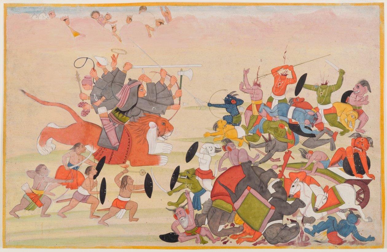The Devi besegrar Mahishasura, folio från en spridd Devi Mahatmya-serie, c.1770-80 (wc på papper) av Indian School