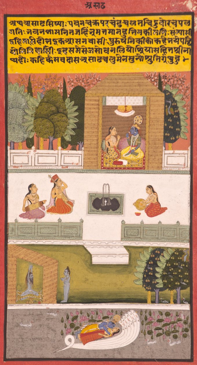 Den åttonde månaden: Asadha, 1730 (ogenomskinlig wc & guld på papper) av Indian School