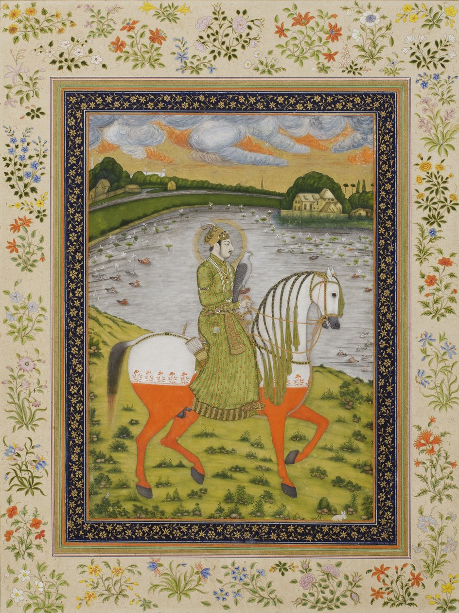 Kejsaren Muhammad Shah, ryttare, på jaktfältet, ca 1750 (ogenomskinlig wc & guld på papper) av Indian School