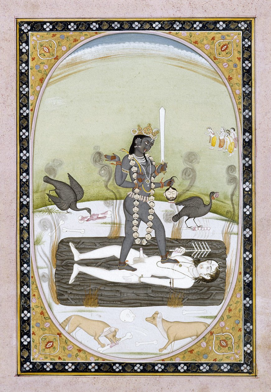 Gudinnan Kali representerad i en Kangra-målning, Himachal Pradesh, ca 1820-5 (ogenomskinlig akvarell och guldfärg på papper) av Indian School