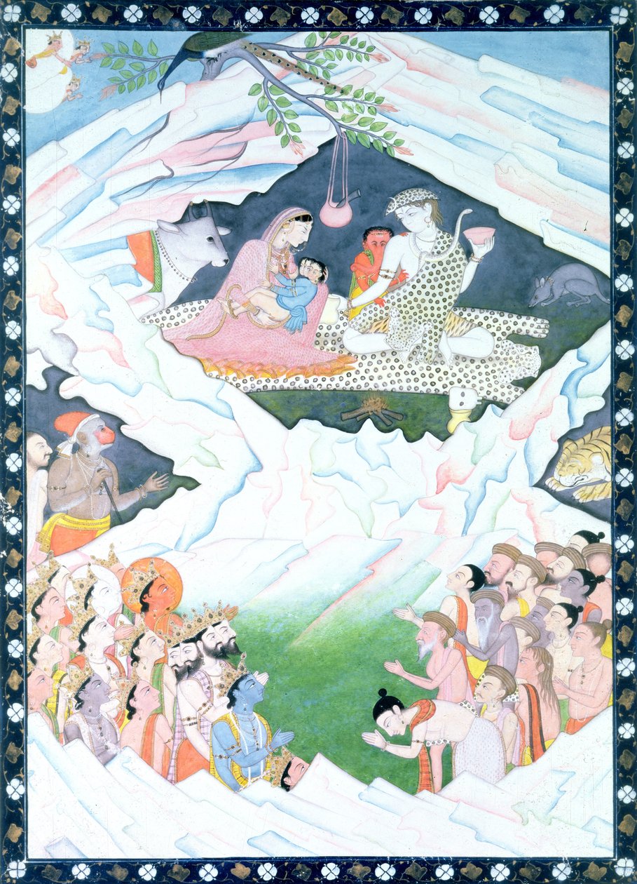 Den heliga familjen Shiva och Parvati på berget Kailash av Indian School