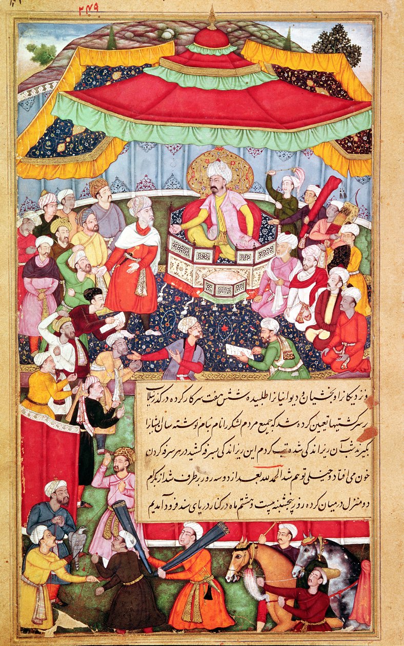 Kungen på sin tron omgiven av sina hovmän, från Baburnama (Memoirs of Babur) 1530 av Indian School