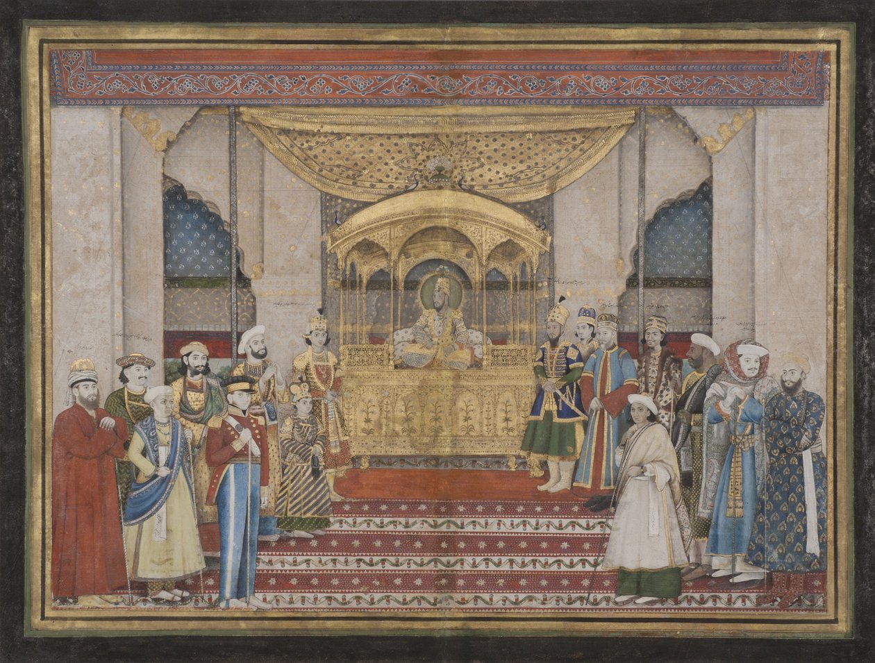 Mughalkejsaren Bahadur Shah II i Darbar, 1839 (ogenomskinlig wc & guld på papper) av Indian School